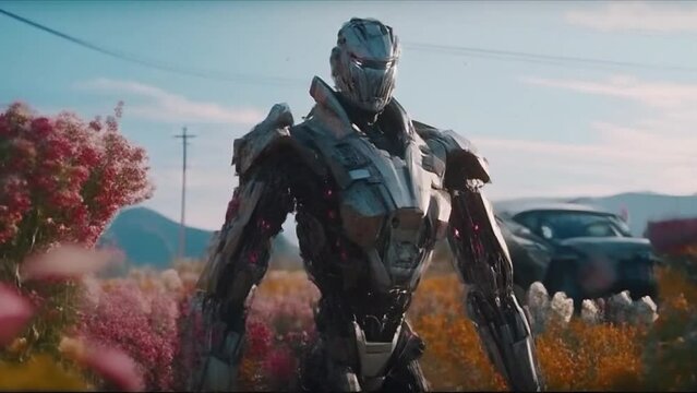 Animation of a robot on the road empty. Rapid growth of flowers lobbing up to the road on the background of a humanoid robot. Cartoon style illustration