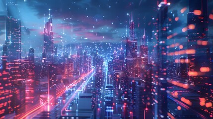 A dazzling cityscape at night with glowing buildings reaching towards a starry sky