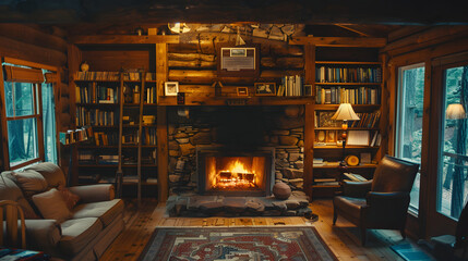 A rustic cabin living area with a fireplace and natural wood elements.