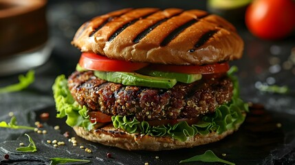 Gourmet Vegan Quinoa Burger with Fresh Toppings. Concept Vegan Cooking, Plant-Based Recipes, Quinoa Burger, Fresh Ingredients, Gourmet Burgers