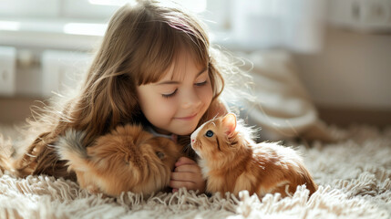 Young Girl Tenderly Embracing Her Orange Guinea Pig, Heartwarming Pet Love
