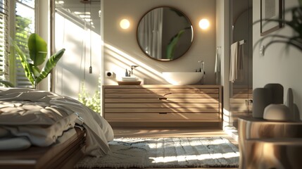 Sunlight streams through a large window in a modern hotel room with hardwood floors and light wood furniture - obrazy, fototapety, plakaty