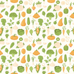  Seamless pattern with green and orange vegetables on a light background