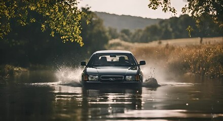 Car sinking in water.
