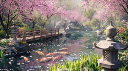 A tranquil Japanese garden in spring, featuring a wooden bridge over a koi pond surrounded by blooming cherry trees and traditional lanterns. Resplendent.