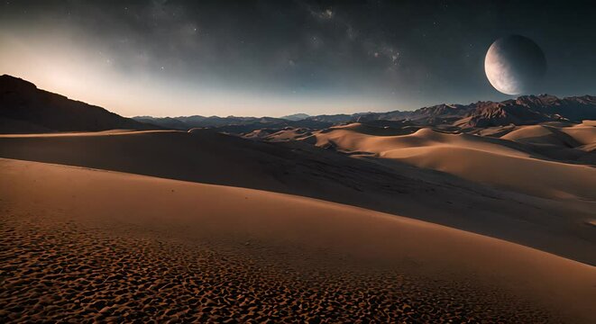 otherworldly desert landscape under a night sky with stars and a large celestial body on the horizon.