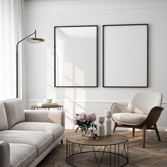 Fototapeta premium Frame mockup, ISO A paper size. Living room wall poster mockup. Interior mockup with house background. Modern interior design. 3D render