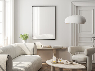 Obraz premium Frame mockup, ISO A paper size. Living room wall poster mockup. Interior mockup with house background. Modern interior design. 3D render