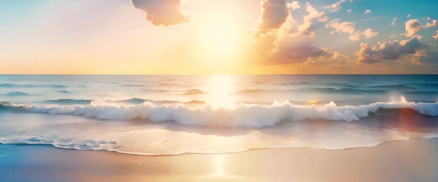 tranquil beach scene with gentle waves, soft clouds, and a luminous sunrise over the ocean.