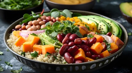Nutritious Quinoa Bowl with Avocado & Sweet Potato. Concept Healthy Eating, Plant-based Recipes, Quinoa Bowls, Avocado Benefits, Sweet Potato Recipes - obrazy, fototapety, plakaty