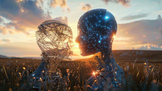 moment of two AI beings coming together, with one softly fading into the form of the other against a serene digital landscape, showcasing mutual enhancement