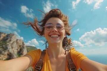Joyful woman taking a selfie with windswept hair