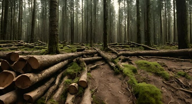 Felled trees in a forest. Deforestation.