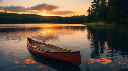 A serene lakeside at sunset with a lone canoe gently floating.
