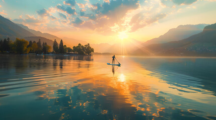 A serene paddleboarder on a crystal-clear lake during a calm golden sunset reflecting the tranquility and simplicity of water sports amidst natural beauty.