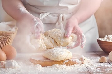 hands kneading dough on a wooden surface with flour, eggs, and garlic in the background, suggesting cooking or baking.
