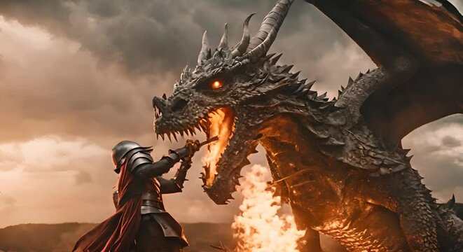 Knight fighting with dragon.