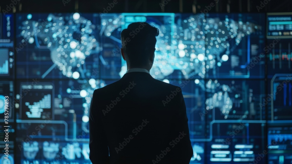 Poster Man Analyzing Data on Multiple Screens at Night