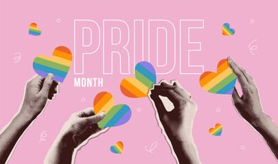 Pride Month collage concept. Torn out paper halftone hands holding rainbow hearts in retro mixed art style for the design of LGBT events, invitations, cards. Vector illustration.