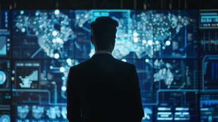 Man Analyzing Data on Multiple Screens at Night