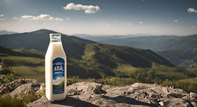 Bottle of fresh milk in the mountains.