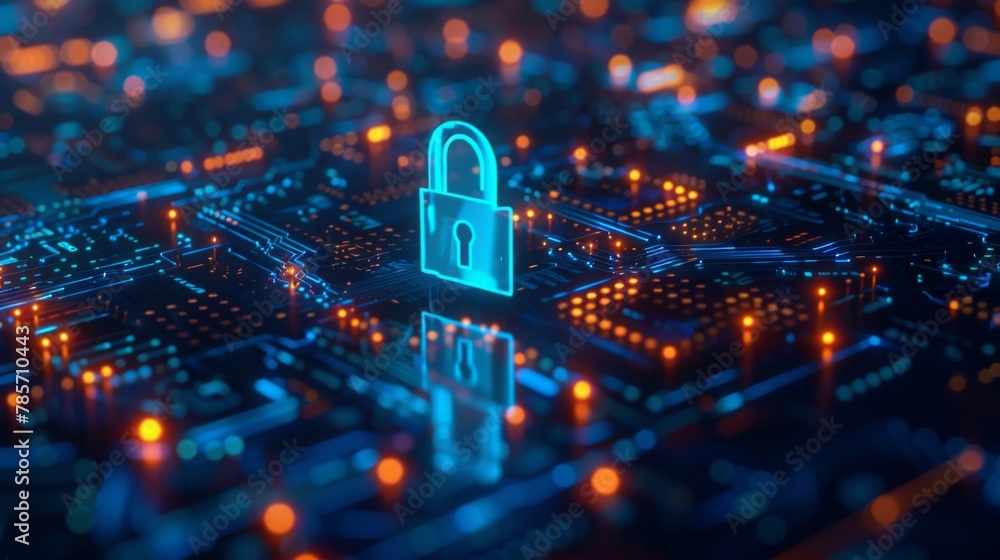 Aufkleber cybersecurity concept with glowing padlock on circuit board