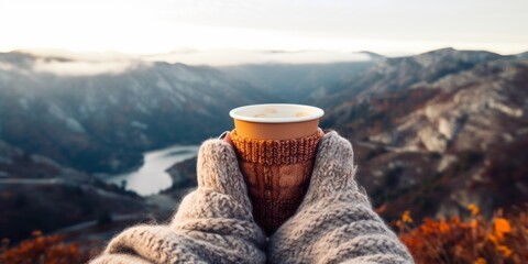 A girl holds a mug of hot drink, coffee, tea against the background of winter mountains in the camp. Generative AI.