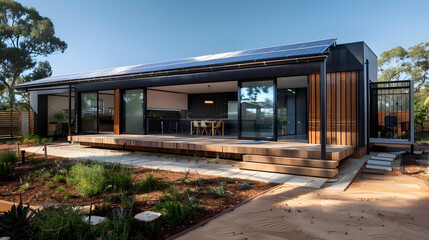 A sleek solar-powered home with modern design and sustainable features.