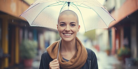 A bald girl with an umbrella in her hands stands on the street in rainy weather, Generative AI.