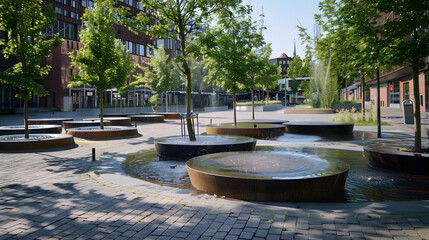 A smart urban square with interactive installations free Wi-Fi zones and rainwater collection systems.