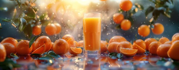 glass of orange juice with background of orange fruit in warm light 
