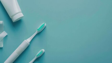 A white toothbrush and a tube of toothpaste are on a blue background