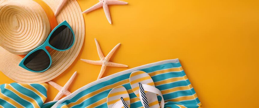 Bright beach scene with straw hat, sunglasses, flip-flops, and starfish on a yellow background.