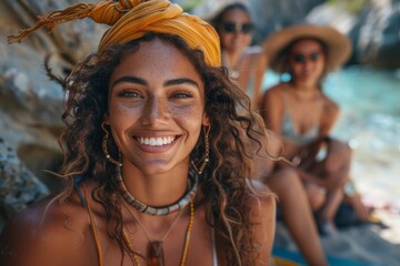 Close-up of a radiant young woman with a headscarf smiling vibrantly on a sunny beach with friends in the background - Powered by Adobe