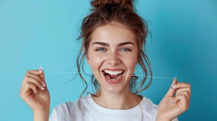 A woman is smiling and holding a piece of dental floss. Concept of good health and hygiene, as the woman is taking care of her teeth by flossing. The blue background adds a calming - Powered by Adobe
