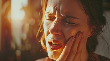 A woman is crying and holding her face. She has a toothache. Concept of pain and discomfort