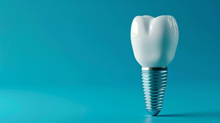 A tooth with a silver screw in it is shown on a blue background. The tooth is missing a portion of its root, and the screw is inserted into the space to replace it. Concept of dental care