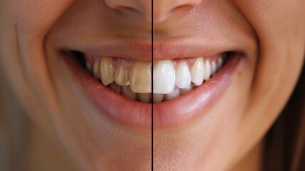 A woman's teeth with one side being a picture of her teeth before they were cleaned and the other side being a picture of her teeth after they were cleaned. Scene is one of cleanliness