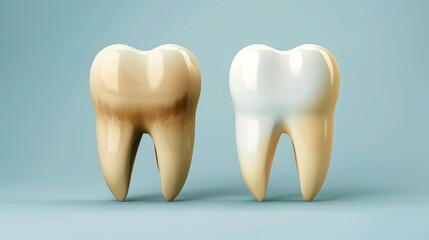 The teeth are dirty and yellow. The top teeth are more yellow than the bottom teeth