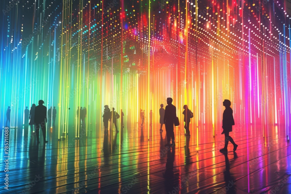 Poster colorful stripes with vertical gradient and some small pixelated dots, people walking in silhouette 