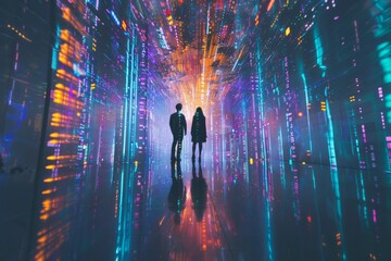 A room filled with glowing rain of data, colorful light stripes, A man and woman stand in the center, silhouettes Generative AI