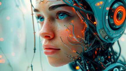 The future of humanity is the technology for the formation of artificial intelligence in advanced computing and autonomous systems. Beautiful female android. The Evolution of Future Technologies