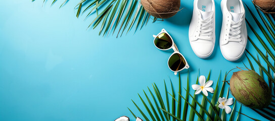 Summer Accessories and Tropical Foliage on Aqua Background