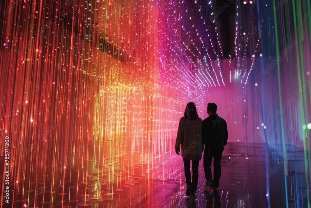 Poster a couple is walking through an immersive installation made of hundreds hanging strings, the lights o