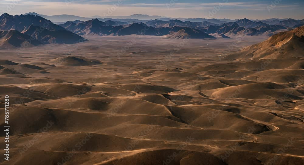 Poster aerial view of a vast desert with undulating dunes and distant mountains under a soft light.