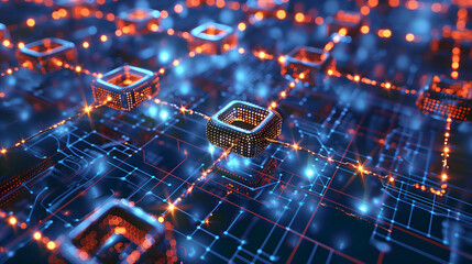 Abstract visualization of blockchain technology, interconnected nodes, glowing data blocks
