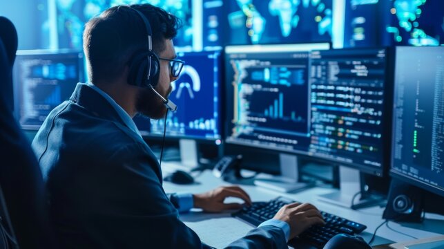 Male Programmer Coding on Multiple Monitors at Night