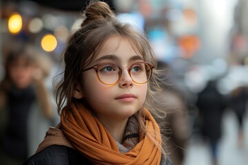 Young girl looking away in the city