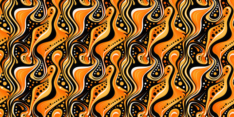 vibrant and intricate abstract seamless tribal pattern with a warm color palette, orange, black, and yellow hues. rhythmic and flowing design creating a sense of movement and energy
