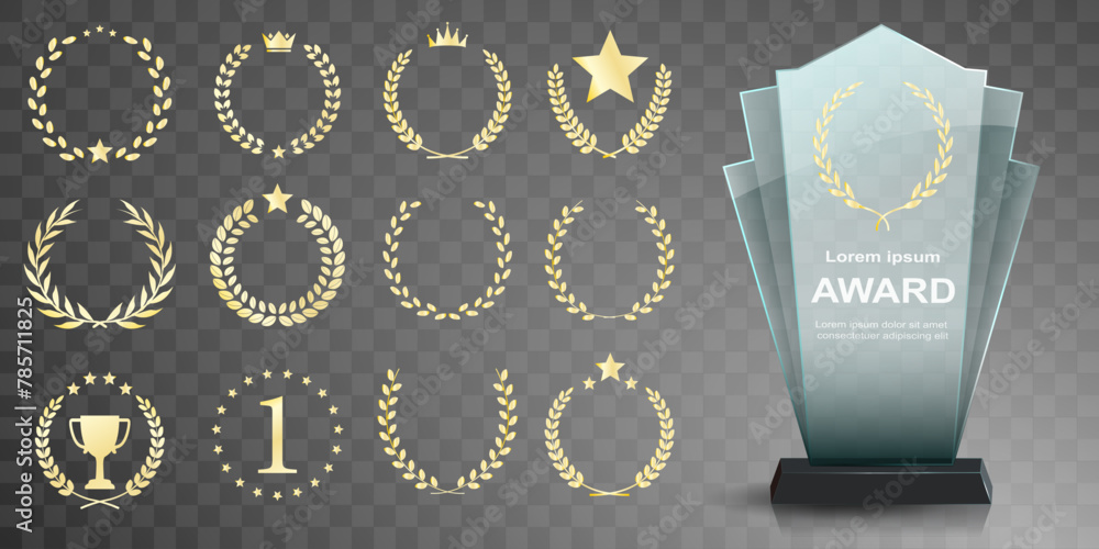 Wall mural glass award trophy set. transparent prize template. winner first place concept. vector illustration.